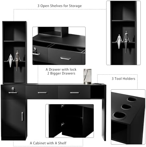 50.4" Barber Station for Hair Stylist, Salon Storage Cabinet with 3 Drawers, Lockable Compartment, 3 Tool Holders and Open Shelves, Hairdresser Workstation, Black, Mirror Not Included - Image 2