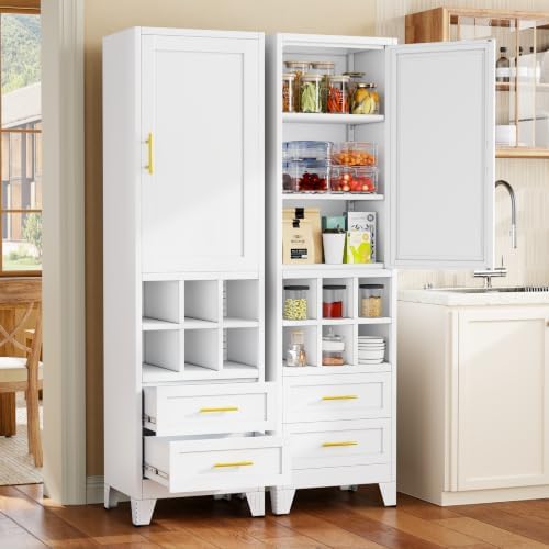 Tall Metal Narrow Storage Cabinet 67" H with 2 Drawer,White Kitchen Pantry Cabinets with 2 Adjustable Shelves and Door,Cuby Storage Orgainzer,Tall Bathroom Cabinet for Kitchen, Home Office,Dining Room by BAOLIWO