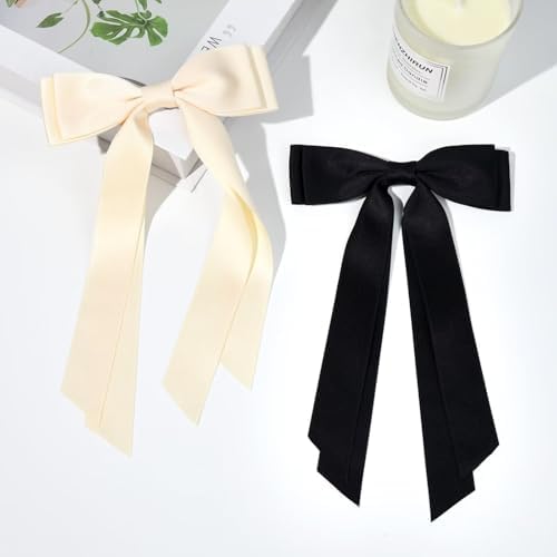 2PCS Hair Bows Hair Clip Beige Black Hair Ribbon Ponytail Holder Accessories Slides Metal Clips Hair Bow for Women Girls Toddlers Teens Kids - Image 2