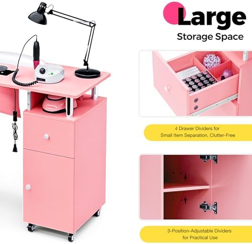 Manicure Table Nail Desk with Dust Collector & Wheels (Pink) - Image 6