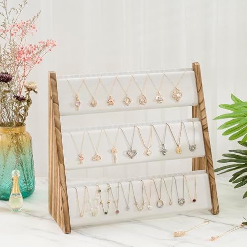 Necklace Holder, 3 Tier Necklace Organizer Stand with White Velvet, Wood Necklace Display Stands for Selling, Jewelry Display Stand for 72 Necklaces Bracelets (2 pack) - Image 7