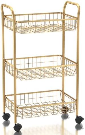 3 Tier Rolling Utility Cart, Storage Trolley Service Cart with Wheels Easy Assembly for Kitchen, Living Room, Office, Salon, Gold by MNOPQ