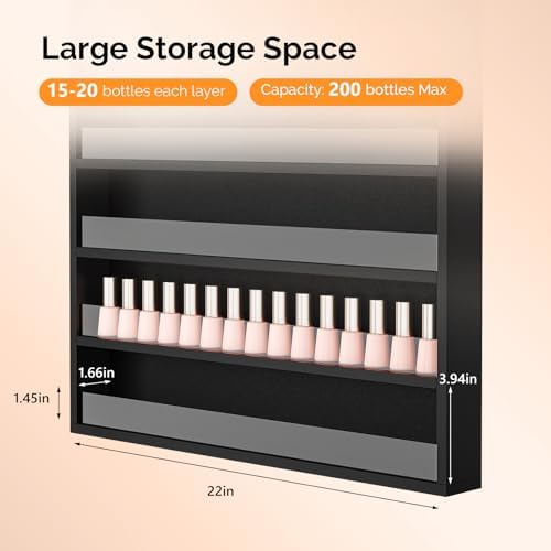 OmySalon Nail Polish Organizer Wall Mount - Holds 200 Bottles with Acrylic Barrier, Salon Display Rack for Home Spa & Nail Studio - Assembly Required, Wooden Polish Storage (Black, 10-Tier) - Image 3
