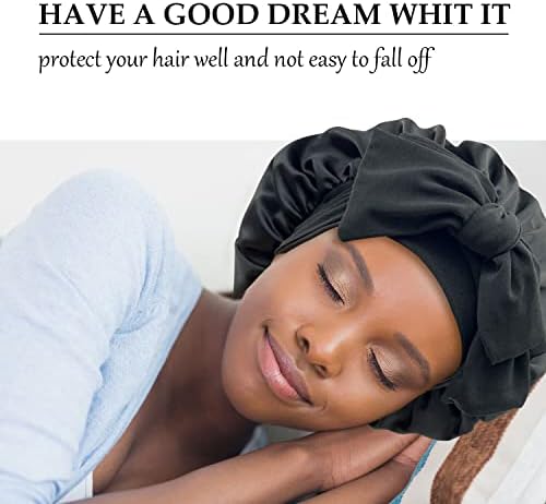 Satin Silk Hair Bonnet for Sleeping Large Bonnets with Tie Band Wrap with Adjustable Straps Night Sleep Caps for Women Curly Braid Hair Hair Black - Image 2