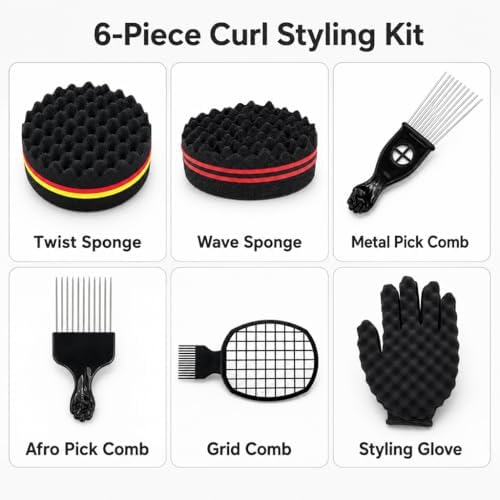 6PCS Afro Twist Hair Styling Kit for Men & Women, Curl Sponge Set with Metal Pick, Afro Comb, Glove & Grid Tool, Defining Tools for Natural Curly, Coily & Textured Hair - Image 2
