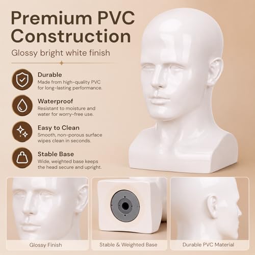 Male Mannequin Head 13.7", Glossy White Wig Hat Display Stand - Image 4