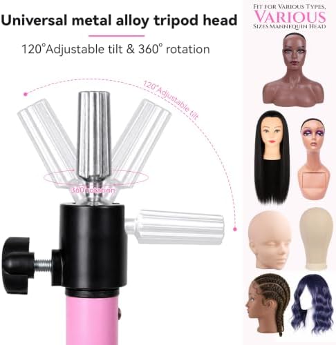ZQIAN BEAUTY 55 Inch Heavy-duty Wig Head Stand, Adjustable Metal Mannequin Head Stand Tripod For Hairdressing Training Head, Wig Stand Tripod with Tool Tray (Pink, Mannequin Head Not Included) - Image 6