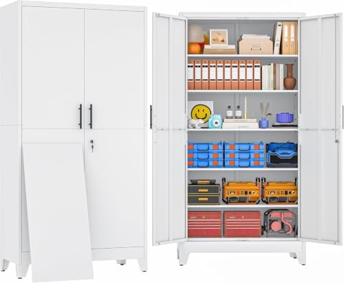 79" White Metal Storage Cabinet with 2 Doors and 5 Adjustable Shelves,Steel Garage Tool Cabinet, File Cabinet,Kitchen Pantry Cabinet for Home,Office,Garage,School,Warehouse by BAOLIWO