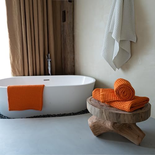 Luxury Organic Japanese Cotton Waffle Bath Towel | Thick, Absorbent, Quick Dry Bathroom Towels for Shower, Sauna, Onsen| Hotel & Spa Quality, Gift-Ready (Coral Orange, Face Towel (6 Pack)) - Image 3