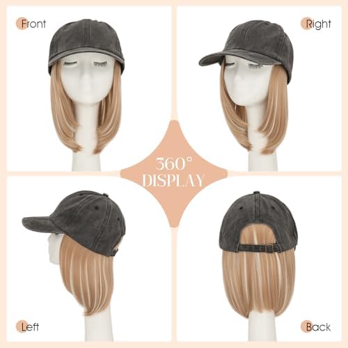 Rich Choices Hat Wigs for Women,Dark Gray Baseball Cap with Hair Extensions for Women,Short Bob Hairstyle Caps with Hair Attached Adjustable Baseball Cap Wig 6 Inch Highlighted Honey Blonde Hair - Image 4