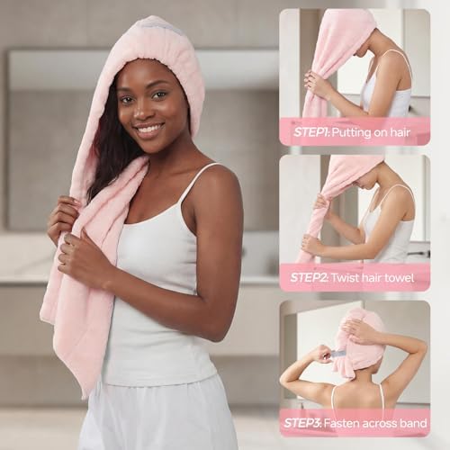 REDKISS 2 Pack Microfiber Hair Towel Wrap for Women, Super Absorbent Quick Dry Hair Turban for Thick Long Curly Hair, Large Stay-Put Anti-Frizz Hair Drying Towels, Pink Blue Gray - Image 4