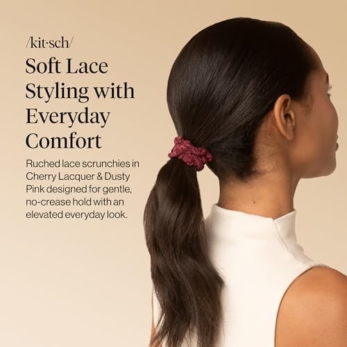 Kitsch Ruched Lace Hair Scrunchies For Women – Cherry Lacquer & Dusty Pink - Image 2