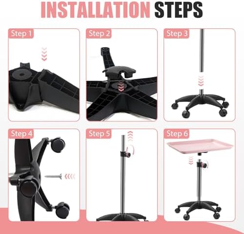 Salon Tray On Wheels Tattoo Tray Rolling Trolley Adjustable Height Storage Utility Cart for Clinic Spa Rolling Tray (Black) (Pink) - Image 6
