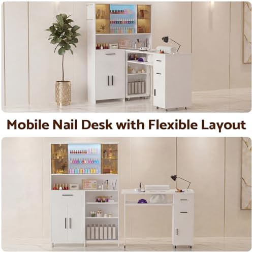 Manicure Table with Dust Collector and LED Display Cabinet (White) - Image 3