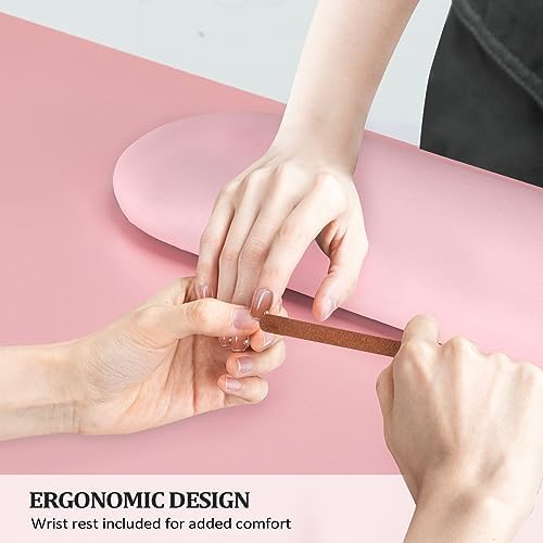 OmySalon Manicure Table Nail Desk with Cabinet, Drawers, Wheels & Wrist Rest, Spa Salon Beauty Home Wooden Technician Workstation for Nail Tech, Pink - Image 3