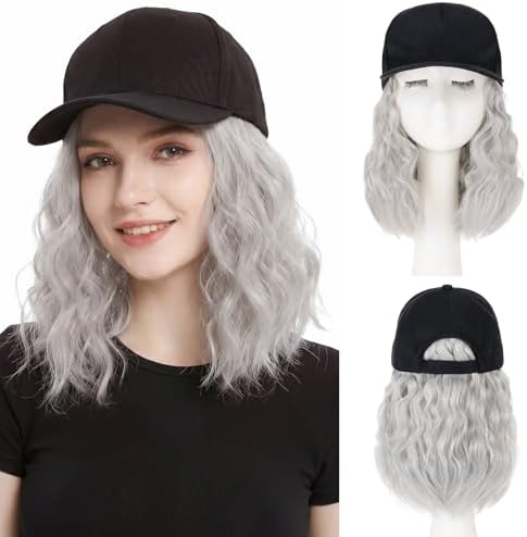 SEGO Baseball Cap with Hair Extensions for Women Heat Resistant Synthetic Hair Attached Long Curly Hairpiece Black Baseball Cap Wig Adjustable Hat Wigs for Women 8 Inch 88A/89A Light Grey by SEGO