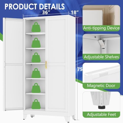 75" Metal Garage Storage Cabinet with 2 Doors and 5 Adjustable Shelves,Metal Storage Cabinets,Steel Tool Cabinets for Home,Office,Garage,Warehouse (White, 75''H x 36''W x 18''D) - Image 3