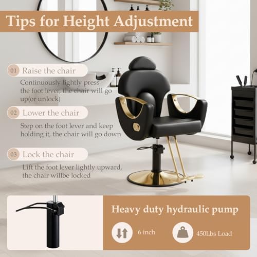 Black Salon Chair for Hair Stylist, Professional Barber Chairs Barbershop Hair Stylist Chair with Heavy Duty Hydraulic Pump, 360° Braiding Styling Hairdresser Chairs for Spa Home Euipment, Cold Black - Image 6