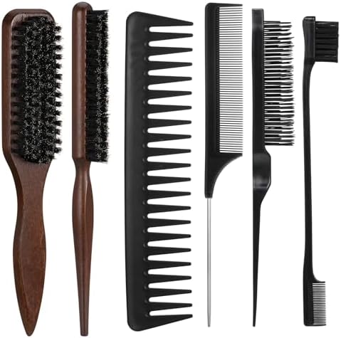 6 Pcs Boar Bristle Slick Back Hair Brush with Edge Brush Rat Tail Comb and Wide Tooth Comb, Hair Styling Comb for Men Women by auroray