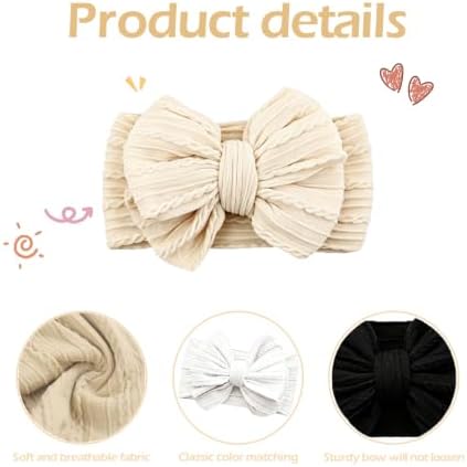 Baby Bows Headbands Soft Nylon Handmade Hair Accessories for Newborn Infant Toddler Kids (3 Mixed White, Large) - Image 2