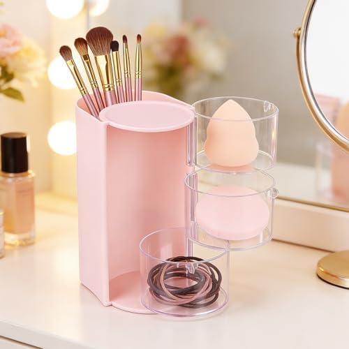3-Tier Rotating Hair Accessories Organizer, 360° Spinning Storage Stand for Makeup Brushes and Jewelry, Compact Vanity Display Case for Girls, Holds Hair Clips, Earrings, Rings, Bracelets(Pink) - Image 6