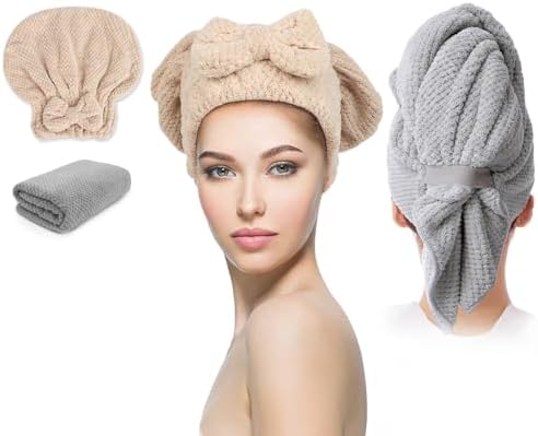 Hair Towel Wrap for Women 2 Pack, Anti-Frizz Microfiber Hair Plopping Towel Super Absorbent Quick Dry Turbans for Curly Wet Hair Grey Khaki by Molirex