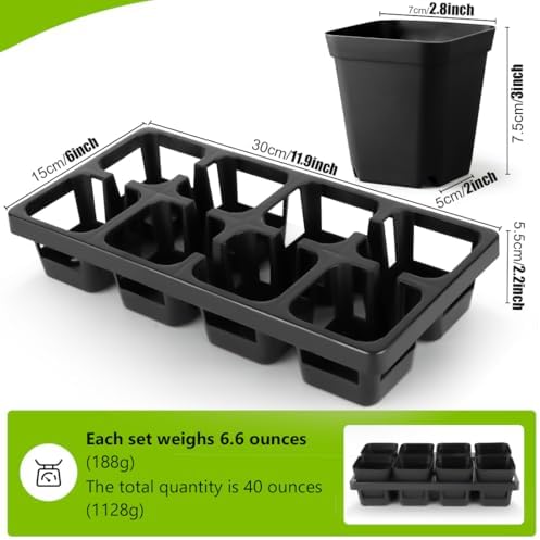 8 Cell Nursery Pots Trays 6 Pack (12" x 6"), 3 inch Square Plastic Nursery Pots 48 Pcs, Durable Carrying Seed Starter Tray, Planting Trays for Holding Small Seedling Pots with Drain Holes (Black) - Image 2