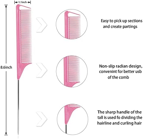 Rat Tail Combs Set - 3 Pack Long Steel Pin Combs for Hair Stylists, Parting and Teasing, Great for All Hair Types (Pink) - Image 5