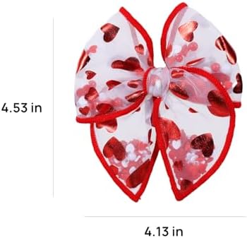 Glitter Valentines Shaker Bows Alligator Clips for Girls Women, 2Pcs 4" Red Heart Mesh Tulle Ribbon Fable Bow Hair Barrettes Gift for Kids Birthday Wedding Party Dress Decor Accessory - Image 7