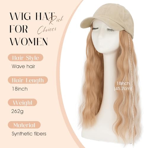 Rich Choices Hat Wigs for Women,Khaki Baseball Cap with Hair Extensions for Women,Caps with Wavy Curly Long Hair Attached Adjustable Baseball Cap Wig 18 Inch Highlighted Honey Blonde Hair - Image 2