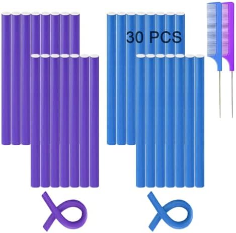 Flexible Curling Rods, 30Pcs Flexirods Long Flexible Heatless Twist Bendable Foam Hair Curls for Long Medium Short Hair, Combs - Rubber, Purple, Blue ( 9.45 x 0.55 inch ), 32 Count by Beyoslf