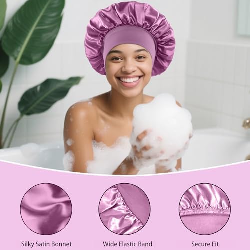 4PCS Silk Satin Bonnets for Black Women & Men - Elastic Wide Band Hair Wrap Cap for Curly Hair - Shower Cap for Sleeping (Black, Blue, Purple, Green) - Image 6