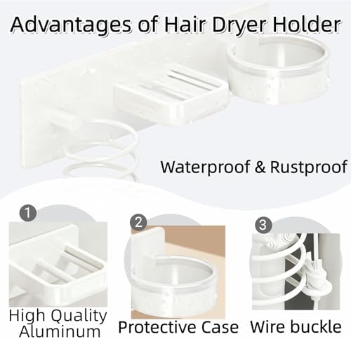 Hair Dryer Holder Wall Mounted Blow Dryer Holder Curling Iron Holder Straightener Holder 3 in 1 Bathroom Metal Hair Tool Organizer Rack（White） - Image 2