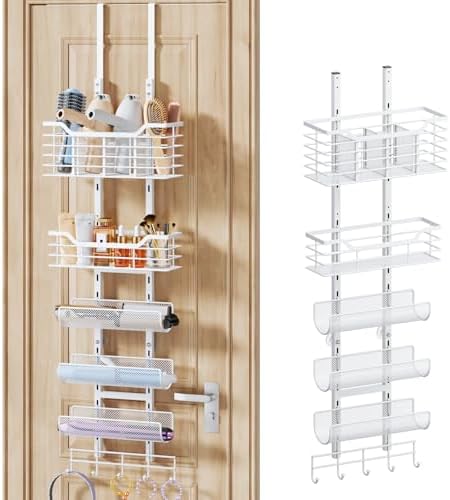 Consumest 6-Tier Hair Tool Organizer - Hair Dryer Holder Over The Door/Wall Mounted DIY Adjustable Shelf Bathroom Door Organizer with Hook for Curling Iron/Blow Dryer/Straightener White by Consumest