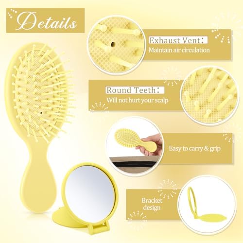 Meanplan 24 Pcs Mini Hair Brush Set Travel Wet Dry Hair Combs Pocket Detangling Compact Folding Makeup Mirrors for Spa Sleepover Birthday Bridal Shower Bachelorette Christmas Party Gift(Yellow) - Image 3