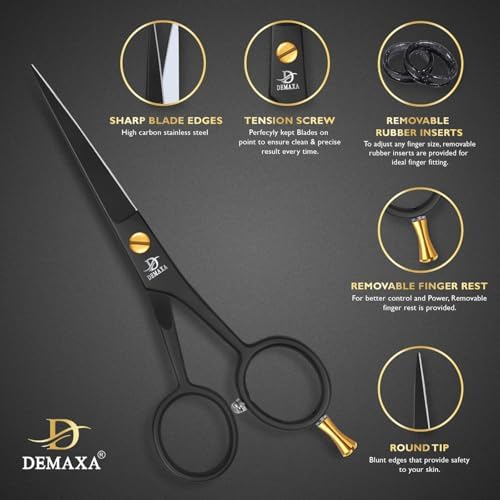 DEMAXA 5" Professional Beard Scissors for men Mustache Scissors with 1 Mustache Comb, 1 Beard Comb & Soft Pouch – Prefect Beard shears mustache kit for All Facial Hair – moustache Grooming kit for Men - Image 2