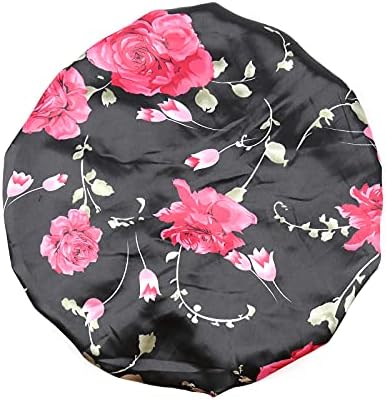Large Round Satin Bonnet for Sleeping, Double-Layer Elastic Hair Bonnet with Silky Tie Band for Women Braids/Curly/Long Hair - Black Floral - Image 2
