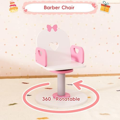 Wooden Kids Vanity Table and Chair Set with Light and Mirror, Princess Makeup Vanity Desk with Barber Chair and Rolling Cart, Pretend Hair Salon Play Set, Toddler Vanity Set for Girls, White - Image 3