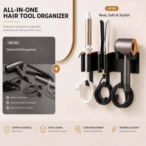 Hair Tool Organizer Wall Mount, 3 in 1 Vanity Organizer Hair Dryer and Curling Iron Holder, Curling Iron Holder Wall Mount, Blow Dryer Wall Mount Holder Black Gold Aluminum Alloy ABS - Image 2