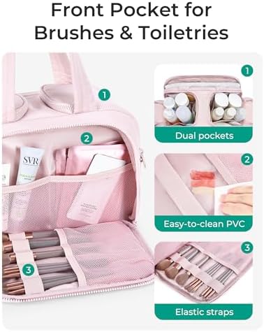 BAGSMART Travel Toiletry Bag, Crush Toiletry Bag for Women, Wide-open Puffy Toiletry Bags for Traveling, Large Travel Cosmetic Makeup Bag Organizer for Accessories,Toiletrie, Pink - Image 4