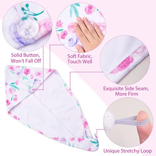 Basumee Microfiber Hair Towel Wrap for Kids 2 Pack Rapid Drying Hair Towel with Button Hair Turbans for Wet Hair Wraps Head Towel Wrap for Women and Girls, Flower - Image 4