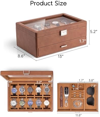 VLANDO Watch Box for Men, 10-Slot 2-Layer Watch Case with Glass Lid, Lockable Textured Leather Display Organizer with Drawer for Rings Glasses Cufflinks, Watch Holder for Dad Husband Collector, Brown - Image 4