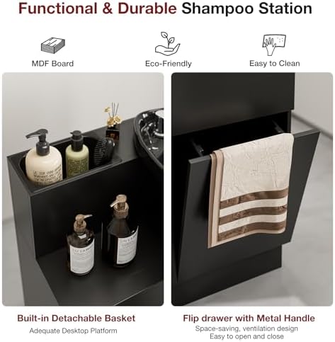 SyyBhb Black Shampoo Cabinet for Salon, Backwash Salon Storage Station with Shampoo Bowl and Reclining Chair - Image 5