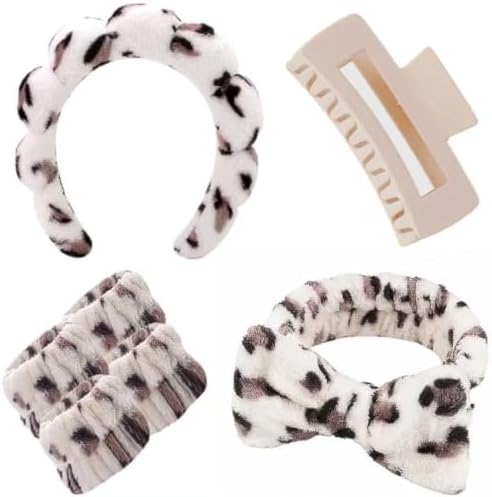 7 Pcs Spa Set, Facial Headband and Wristband Set, Skincare Accessories, College Style Girl Idea Gifts, Hair Accessories for Women and Girls （Beige Leopard ） by Unknown