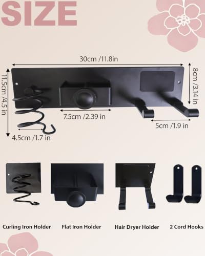 Hair Dryer Holder Wall Mounted with Cord Organizer, Black - Image 2