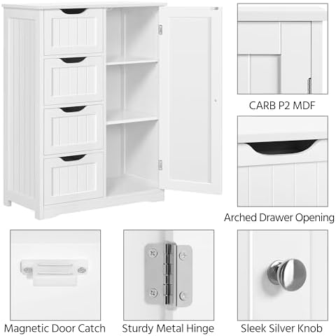 Yaheetech Bathroom Storage Cabinet with 4 Beadboard Drawers and Door, White - Image 6