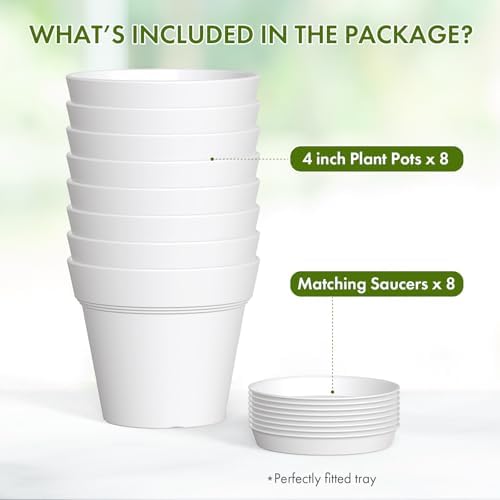 WSMKSZ 4 Inch Plastic Plant Pots with Drainage Holes and Trays – 8 Pack Small Nursery Pots for Indoor & Outdoor House Plants and Flowers, Seedling Starter Planters, White - Image 5