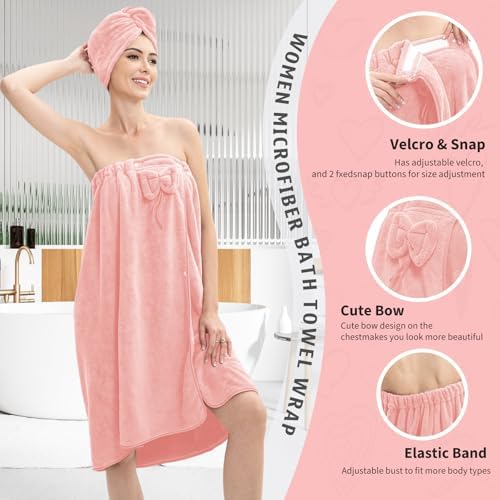 Women's Bath Towel Wrap with Hair Towel, Adjustable Soft Microfiber – Pink - Image 3
