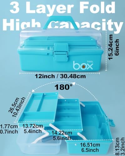 TERGOO 12in 3-Layer Plastic Craft Organizers and Storage, Portable Folding Tackle Box with Handle & Adjustable Dividers, Multipurpose Case for Sewing, Art Supplies, Medicine, Tools (Blue) - Image 2