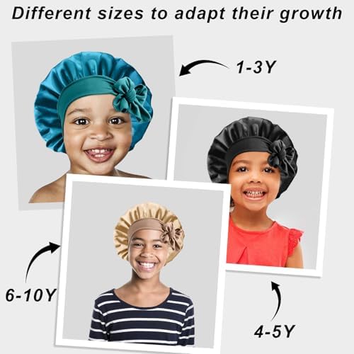 3 Pcs Kids Silk Bonnet for Sleeping - Baby Satin Bonnet for Sleeping,Kids Hair Bonnets for Curly Hair Girls Boys with Wide Elastic Band,Sleep Cap for Teens Toddler Child (Peacock Blue+Black+Beige) - Image 7